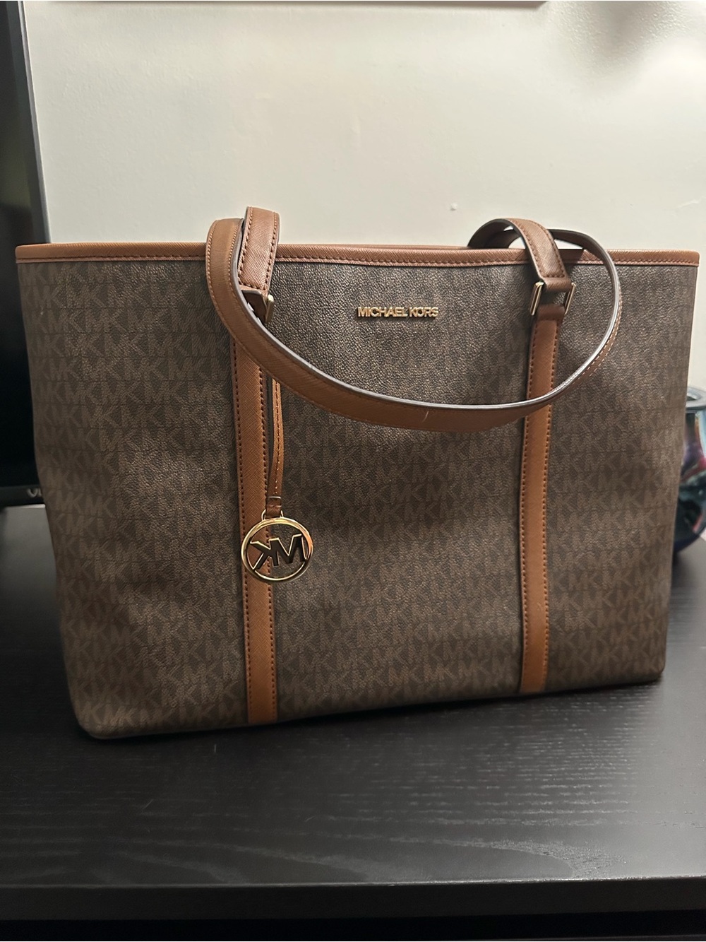 Michael Kors Brown Monogram Messenger Tote with Tan Trim